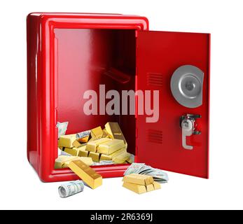 Ouvrez le coffre-fort en acier rouge avec des barres d'argent et d'or sur fond blanc Banque D'Images