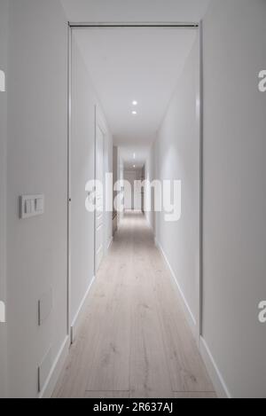 Couloir d'un appartement allongé avec murs blancs et parquet Banque D'Images