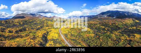 Vue panoramique aérienne de la route menant à Haines Junction dans le nord du Canada pendant l'automne, saison d'automne avec paysage doré, doré, jaune, autoroute Banque D'Images