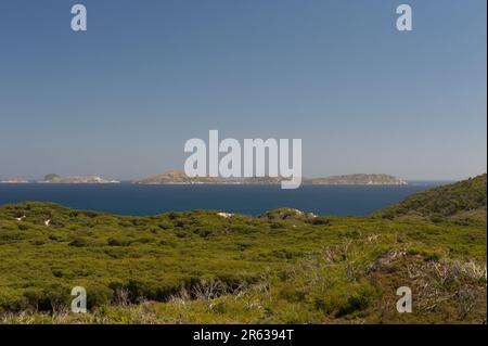 L'été en Australie est habituellement chaud et ensoleillé, avec beaucoup de brume de chaleur. Les vues sur le détroit de Bass sont difficiles à voir - sans filtre polarisant. Banque D'Images