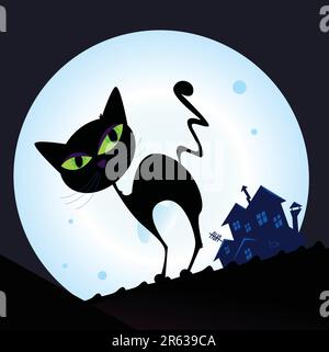 Silhouette de chat noir avec des yeux verts sur le toit. Ville nocturne avec pleine lune en arrière-plan. Illustration vectorielle. Illustration de Vecteur