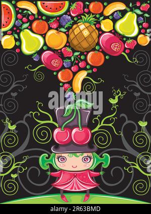 Différents types de fruits délicieux combinés dans une forme de fruits éclabousse et mignonne fille dans un chapeau fruité. Sur fond noir. Illustration de Vecteur