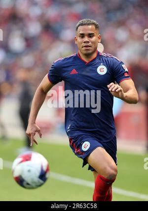 Chicago, États-Unis, 06 juin 2023. Miguel Navarro du MLS Chicago Fire FC suit le ballon pendant une chasse Lamar États-Unis Coupe ouverte demi-finale contre le Houston Dynamo FC au stade SeatGeek de Bridgeview, il, États-Unis. Credit: Tony Gadomski / toutes les images de sport / Alamy Live News Banque D'Images