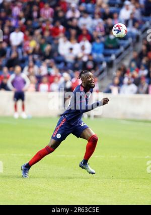 Chicago, États-Unis, 06 juin 2023. MLS Chicago Fire FC Kei Kamara suit le ballon pendant une chasse Lamar États-Unis Coupe ouverte demi-finale contre le Houston Dynamo FC au stade SeatGeek de Bridgeview, il, États-Unis. Credit: Tony Gadomski / toutes les images de sport / Alamy Live News Banque D'Images