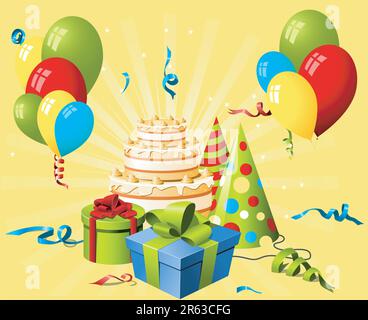 Chapeau d'anniversaire, cadeau et gâteau Illustration de Vecteur