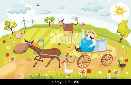 illustration vectorielle d'une ferme colorée avec animaux de ferme Illustration de Vecteur