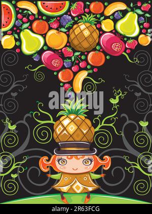 Différents types de fruits délicieux combinés dans une forme de fruits éclabousse et mignonne fille dans un chapeau fruité. Sur fond noir. Illustration de Vecteur