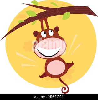 Illustration vectorielle de singe mignon brun accroché à la branche de l'arbre. Scène de coucher de soleil derrière le singe. Illustration de Vecteur