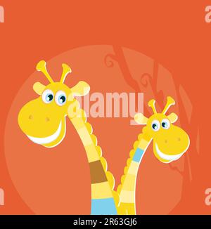 Deux girafes jaunes dans une savane rouge au coucher du soleil. Illustration de dessin animé vectoriel. Illustration de Vecteur