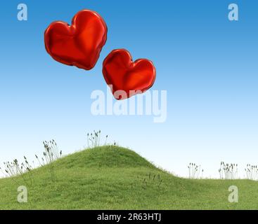 Colline herbeuse avec deux ballons rouges en forme de coeur sur un ciel bleu, 3D rendu Banque D'Images