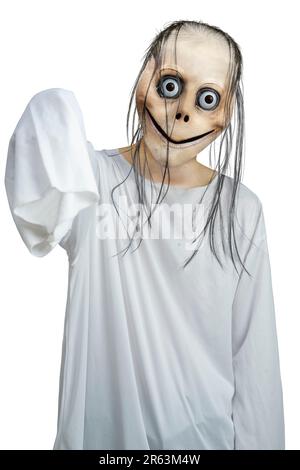 Effrayant momo isolé sur fond blanc. Visage effrayant pour la décoration d'Halloween Banque D'Images
