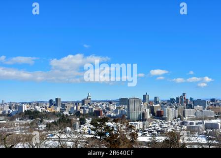 Vue sur la ville de Sendai depuis les ruines du château d'Aoba dans la neige Banque D'Images