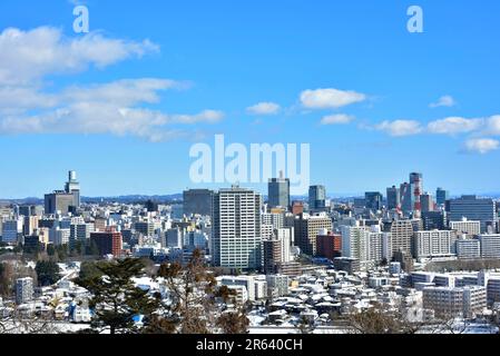 Vue sur la ville de Sendai depuis les ruines du château d'Aoba dans la neige Banque D'Images