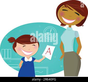 Petite fille montrant la bonne note à sa mère / enseignante / tante. Illustration de dessin animé vectoriel stylisée. Illustration de Vecteur