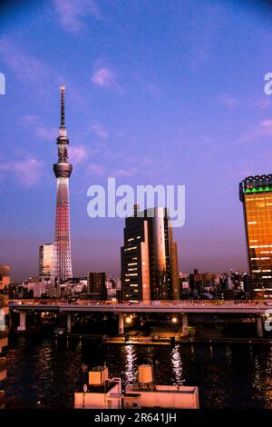 Vue vers Tokyo Sky Tree au crépuscule depuis Asakusa Banque D'Images