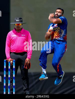 Hambantota, Sri Lanka. 07th juin 2023. Le Sri Lanka Lahiru Kumara bols lors du match de cricket de l'ODI 3rd entre le Sri Lanka et l'Afghanistan au Mahinda Rajapaksa International Cricket Stadium à Hambantota le 07th juin 2023. Viraj Kothalwala/Alamy Live News Banque D'Images
