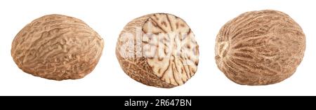 nutmeg isolé sur fond blanc avec une profondeur de champ totale. Banque D'Images