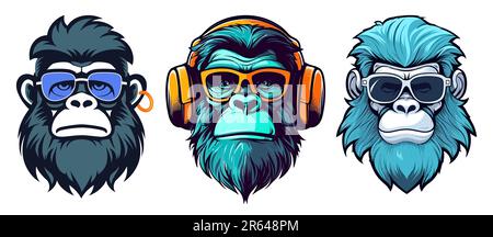 Singes Hipster avec casque et lunettes de soleil, jeu d'illustrations vectorielles colorées. Illustration de Vecteur