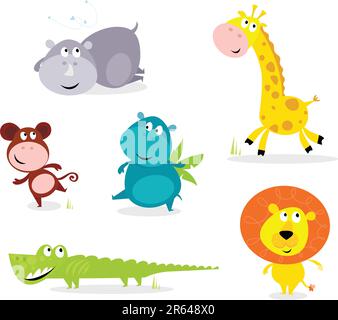 Illustration vectorielle de six animaux de safari mignons - Giraffe, Hippopotamus, Rhinoceros, Crocodile, Lion et Monkey. Illustration de Vecteur