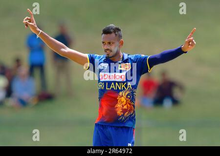 Hambantota, Sri Lanka. 07th juin 2023. Le Dushmantha Chameera du Sri Lanka célèbre sans succès le cricket de Fareed Ahmad d'Afghanistan lors du match de cricket de l'ODI 3rd entre le Sri Lanka et l'Afghanistan au stade international de cricket Mahinda Rajapaksa à Hambantota le 07th juin 2023. Viraj Kothalwala/Alamy Live News Banque D'Images
