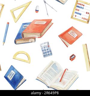 Modèle d'éléments scolaires : une règle, un crayon, un compas, une gomme, un bloc-notes, un livre, des manuels, une pile de livres, une calculatrice, un taille-crayon Banque D'Images