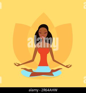 Une fille méditant en position de yoga de lotus. Femme sereine en harmonie avec la nature. La couleur orange du fond apporte une atmosphère paisible. Illustration de Vecteur