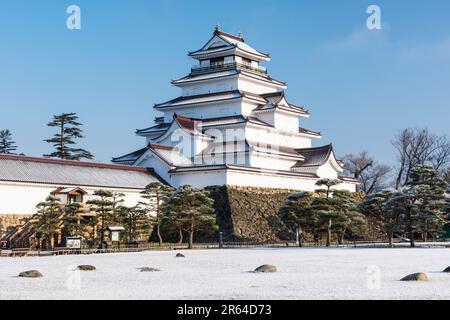 Cerisiers en fleurs et château d'Aizu Wakamatsu Banque D'Images