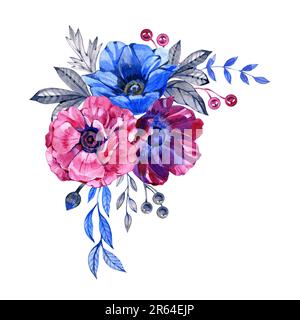 Bouquet d'anémone floral bleu violet rose aquarelle. Illustration isolée sur fond blanc. Banque D'Images