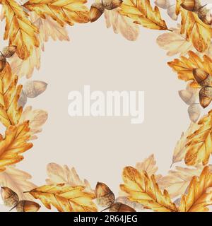 Cadre aquarelle avec des feuilles de chêne d'automne et des glands isolés. Thanksgiving, Halloween illustration pour les designers, scrapbooking. Pour les designers, carte postale Banque D'Images