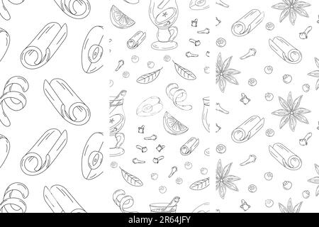 Lot de 3 motifs sans couture avec ingrédients épicés et une tasse de vin chaud. Bâton de cannelle, tranche de pomme et zeste d'orange. Isolation de l'art de la ligne dessinée à la main. Vecteur. EPS. Design pour l'emballage, le papier peint, le Web. Illustration de Vecteur