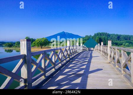 Le pont de Tsuru no mai hashi et le mont Iwaki Banque D'Images