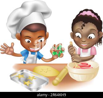 Une illustration de deux enfants s'amusant dans la cuisine Illustration de Vecteur