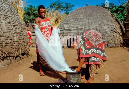 Swaziland, les femmes d'un village swazie près de Mbabane imprégnent un moustique d'un insecticide antimoustique. Banque D'Images