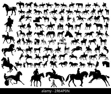 Cent de siluetas de cheval dans différentes poses Illustration de Vecteur