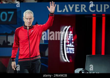 Suisse, Genève : joueur de tennis professionnel John McEnroe, capitaine de l'équipe mondiale, à la coupe du Laver 2019 Banque D'Images