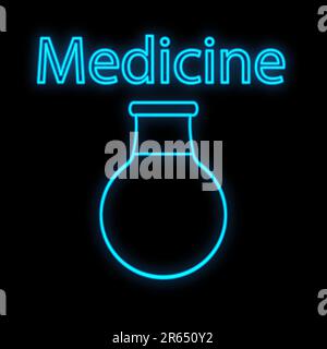 Signe de néon numérique scientifique médical bleu lumineux pour un magasin de pharmacie ou un laboratoire d'hôpital. Un magnifique flacon brillant ou tube à essai sur un noir Illustration de Vecteur