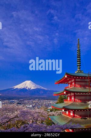 Fuji, cerisiers en fleurs et Churyotou depuis le parc Niikurayama Sengen Banque D'Images