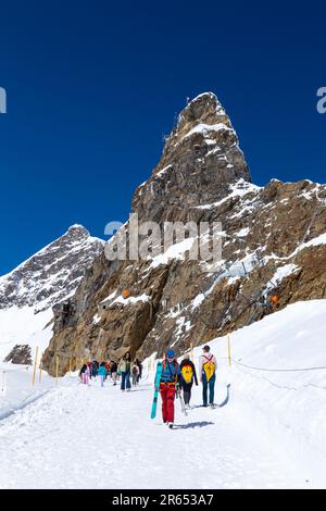 Sommet de la Jungfrau et randonneurs sur le sentier de randonnée en direction de Mönchsjoch Hut, Alpes suisses, Suisse Banque D'Images