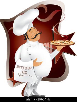 Chef avec pizza design, vous pouvez placer votre texte ou logo sur la serviette Illustration de Vecteur