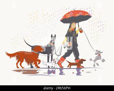 Fille, marcheur de chien, emportant un paquet de chien pour une promenade. Illustration de Vecteur