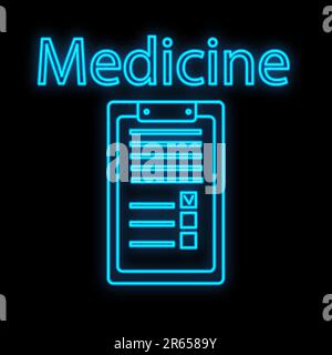 Signe de néon numérique médical bleu lumineux pour une pharmacie ou un magasin d'hôpital beau brillant avec des documents d'histoire médicale et l'inscription med Illustration de Vecteur