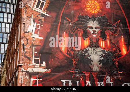 Wall art of Diablo IV playstation game by Blizzard peint sur le côté d'un bâtiment à Shoreditch, Londres, Angleterre, Royaume-Uni. Banque D'Images