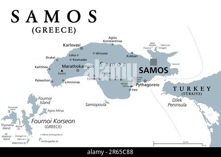 Samos, île grecque, carte politique grise. Île située dans l'est de la mer Égée, séparée de la côte ouest de la Turquie par le détroit de Mycale. Lieu de naissance de Pythagore. Banque D'Images