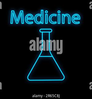 Signe de néon numérique scientifique médical bleu lumineux pour un magasin de pharmacie ou un laboratoire d'hôpital. Un magnifique flacon brillant ou tube à essai sur un noir Illustration de Vecteur