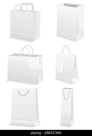 Jeu d'illustrations vectorielles de six sacs à provisions en papier différents. Tous les objets vectoriels et les détails sont isolés et regroupés. Couleurs des sacs et transparent b... Illustration de Vecteur