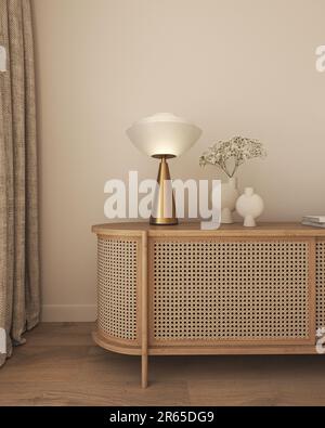 Commode avec livre, vase et lampe à l'intérieur de la salle de séjour. Fond de maquette de mur beige clair. 3d rendu. Illustration 3D de haute qualité Banque D'Images