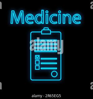 Signe de néon numérique médical bleu lumineux pour une pharmacie ou un magasin d'hôpital beau brillant avec des documents d'histoire médicale et l'inscription med Illustration de Vecteur