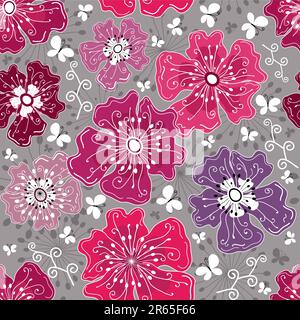 Motif floral gris sans couture avec fleurs et papillons (vecteur) Illustration de Vecteur