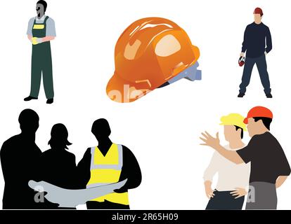 Silhouettes des travailleurs, ingénieurs observant le plan et casque orange Illustration de Vecteur