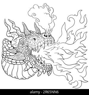 Portrait d'un dragon qui souffle le feu. Illustration de fantaisie avec créature mythique. Feuille de coloriage de dessin Dragon. Banque D'Images